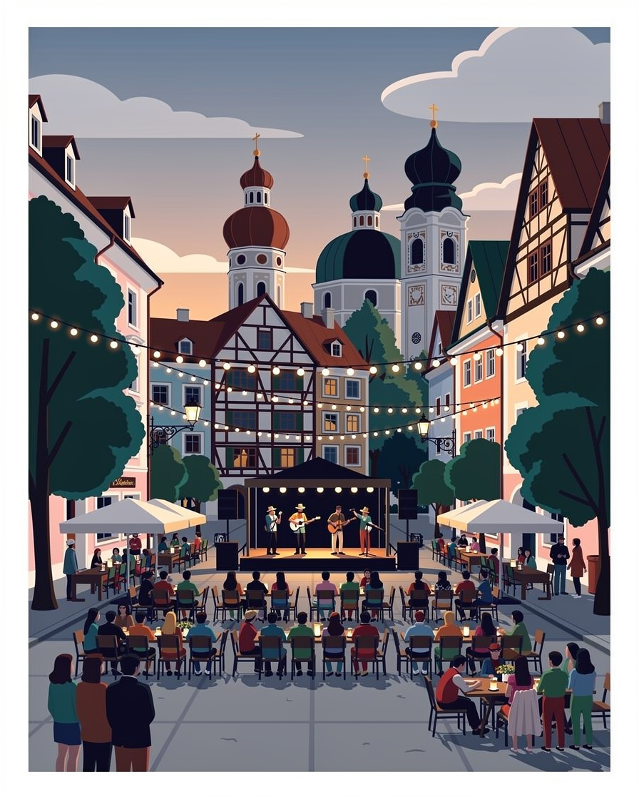 Straßenfest in einem Münchner Wohnviertel am frühen Abend mit Lichterketten zwischen den Häusern, einer kleinen Bühne und Besuchern an Biertischen