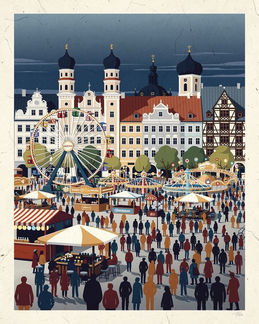 Beleuchtetes Riesenrad und Fahrgeschäfte auf dem Oktoberfest in der Abenddämmerung, im Vordergrund eine dichte Besuchermenge zwischen den Buden